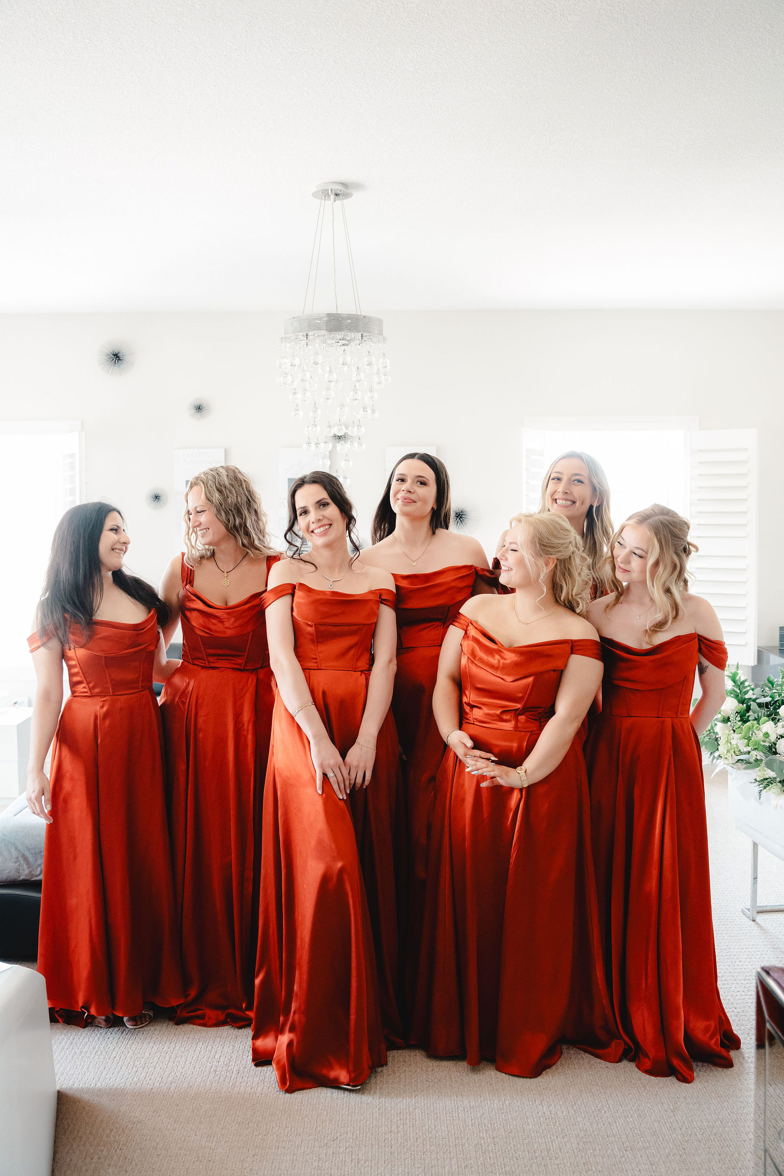 Bridesmaids in rich burgundy satin