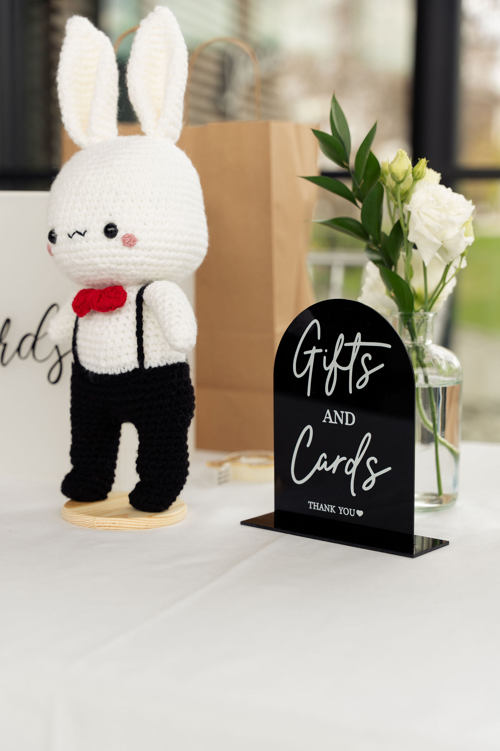 Crocheted bunny at the gifts table