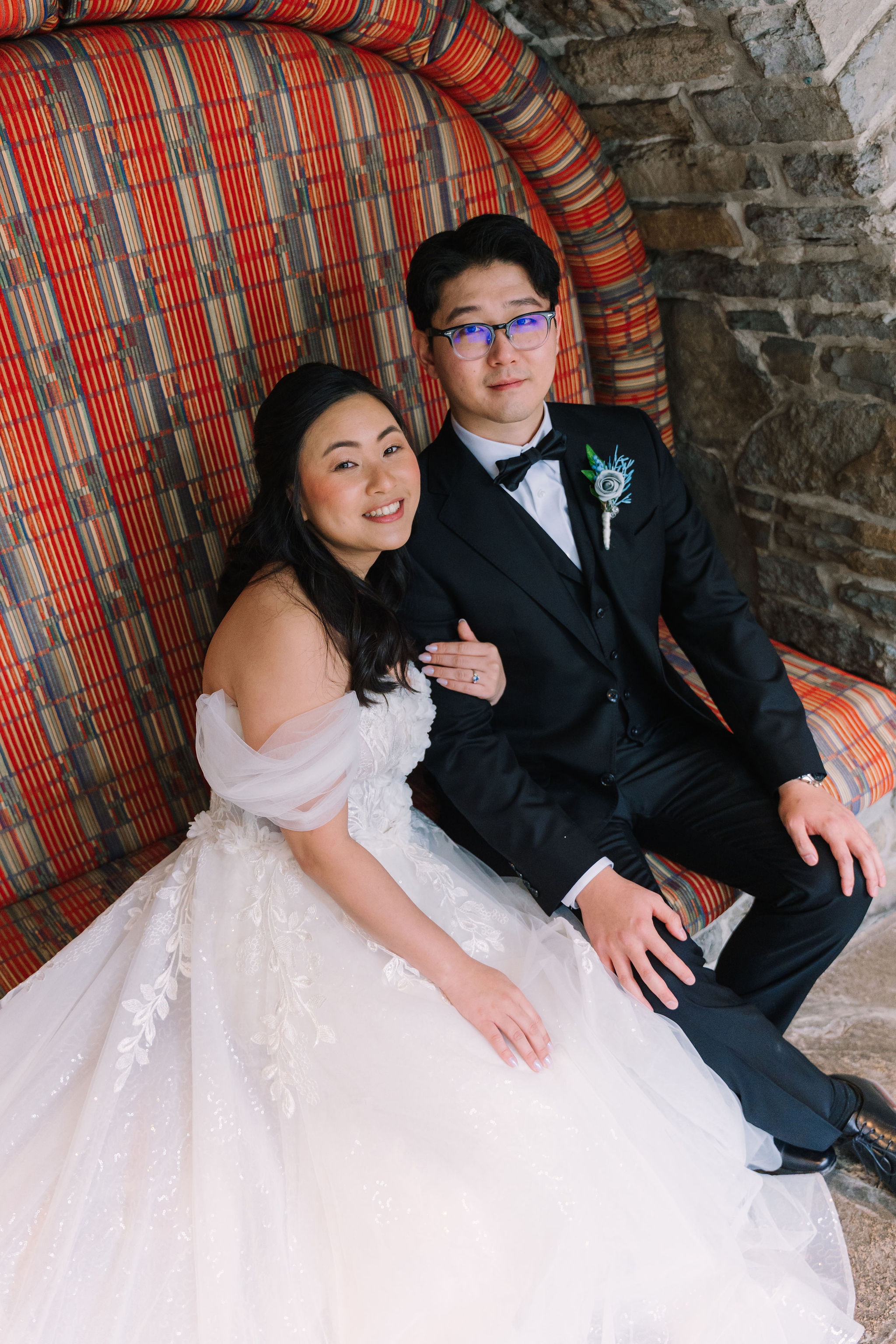Couple on the striped couch
